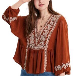 American Eagle Womens Blouse Orange SP Boho Peasant‎ Puff Sleeve Cottage Core